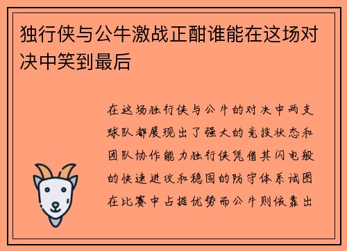 独行侠与公牛激战正酣谁能在这场对决中笑到最后
